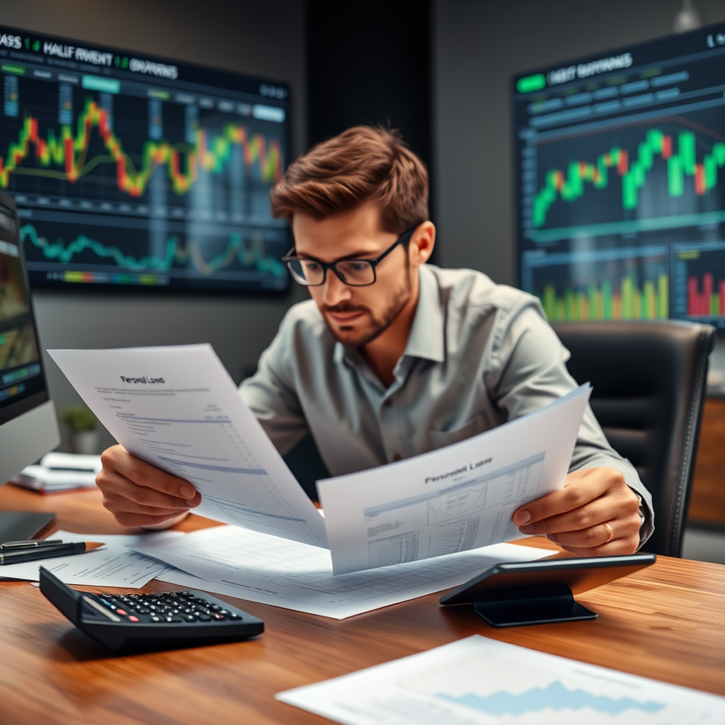 Persona revisando documentos de préstamo personal en un escritorio moderno con calculadora y gráficos financieros, ambiente profesional de trading