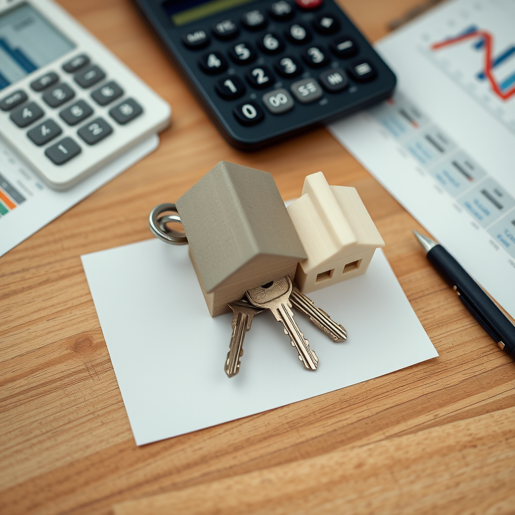 Llaves de casa y documentos hipotecarios sobre una mesa de madera con calculadora y gráficos financieros, ambiente profesional de trading