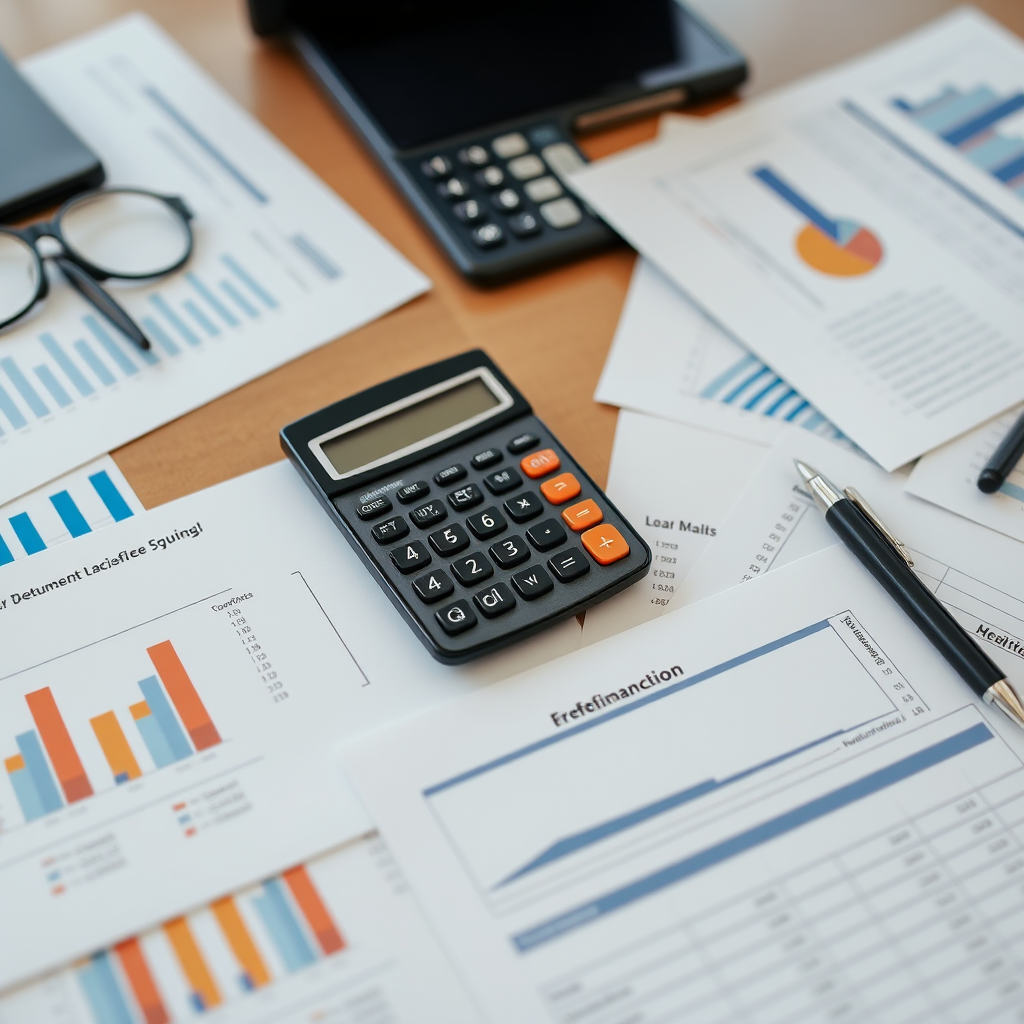 Calculadora y documentos de refinanciamiento extendidos sobre un escritorio profesional con gráficos financieros y papeles de préstamo