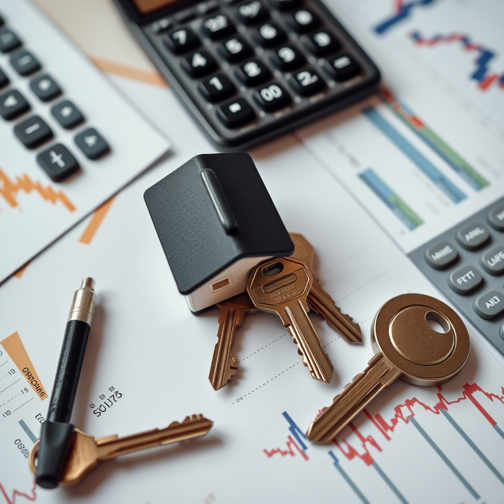 Llaves de casa y documentos de hipoteca sobre una mesa con calculadora y gráficos financieros para traders profesionales